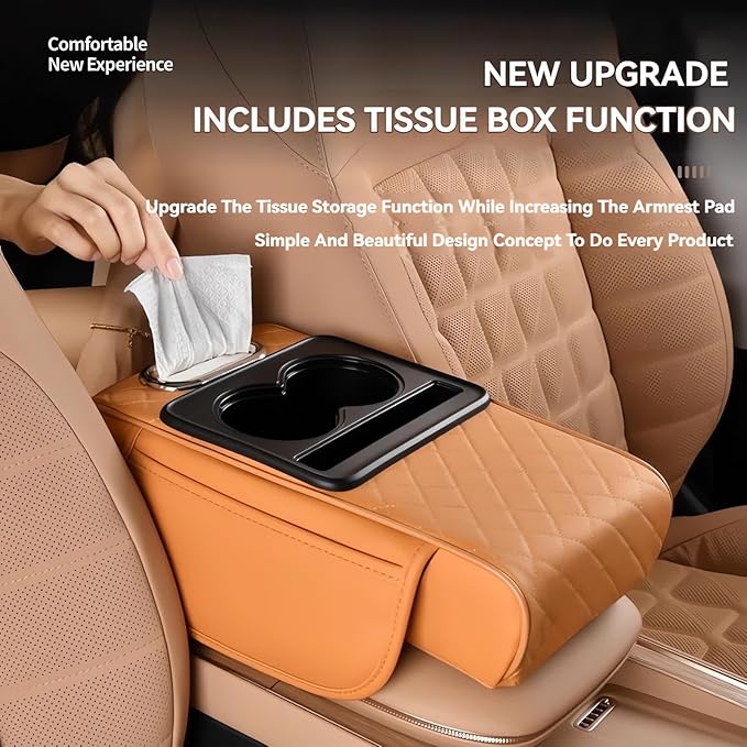 Multifunctional PU Leather Car Armrest Box Mat, 5-in-1 Multifunctional Car Armrest Cushion, Center Console Cover with 2 Cup Holder, For Storing Tissues, Phones, Wallets, Drinks, for Most Cars (Red)