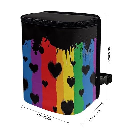 Rainbow Stripes Love Hearts Auto Car Trash Can Rainbow Flag LGBTQ Car Garbage Bag with Lid Washable Leak Proof Car Trash Bin Hanging for Women Men