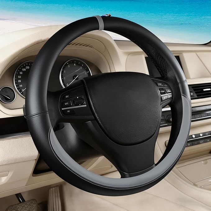 Black Gray Car Steering Wheel Cover, Nappa Leather, Bottom Color Blocking, Universal 14.5-15 Inch Leather Anti-Slip Breathable Auto Steering Wheel Covers for Men Women