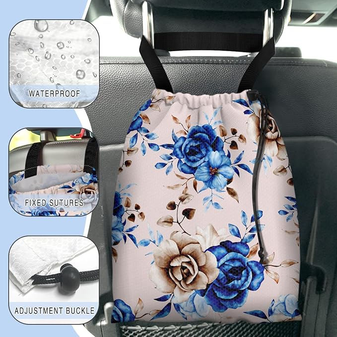 GEGEPINK Car Trash Bag Hanging Back of Seat Waterproof Small Cute Printed One-Handed Strap Drawstring Garbage Bags for Car-Blue Rose