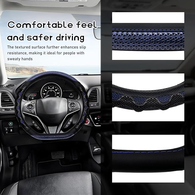 Car Steering Wheel Cover, 15 Inches 3D Honeycomb Design Car Steering Wheel Protector with Comfy Grip, Breathable Anti-Slip D-Shaped Steering Wheel Sleeve for Most Vehicles (Blue)