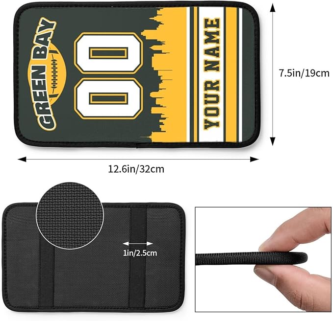 Custom Green Bay Car Armrest Covers Personalized Football Style with Name Number Customized Auto Center Console Pad Car Handrail Box Cushion for Most Vehicle Decor Accessories, Fans Gift