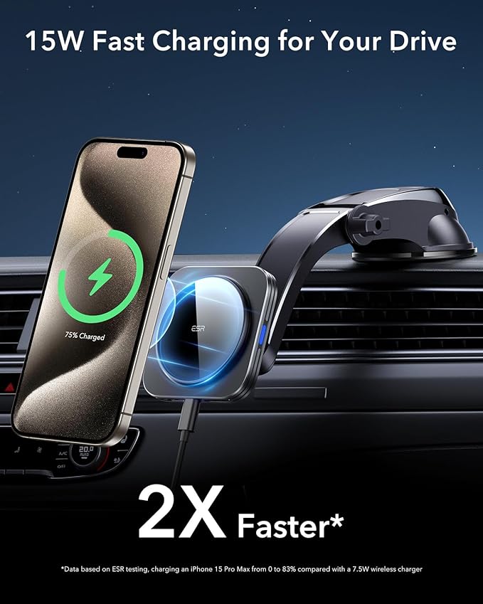 ESR for 15W MagSafe Car Mount Charger, MagSafe Car Charger, Dashboard Magnetic Wireless Charging Mount, for iPhone 17e/17/16/15/14/13/12, Galaxy S26/S25, Pixel 10, Fast Charging, Car Accessories,Black