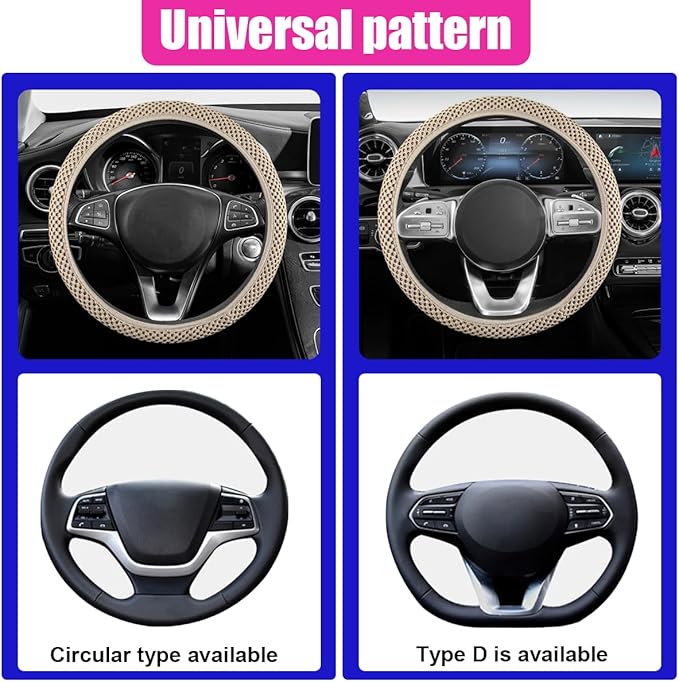 Elastic Stretch Steering Wheel Cover, Anti-Slip 15 inch Microfiber Odorless Breathable Ice Silk Car Steering Wheel Protector, Easy Carry, Warm in Winter & Cool in Summer (Beige)