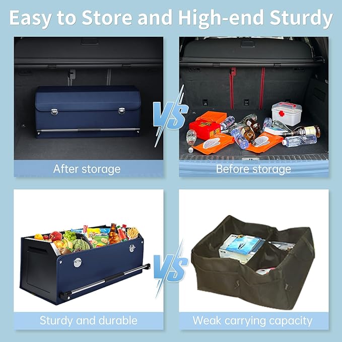 XCF Car Trunk Organizer, Collapsible Car Storage Organizer with Lid and Push-pull Handle Leather Trunk Organizer for Suv, Truck, Minivan (Blue, 27.17 x 11.42 x 12.2in)