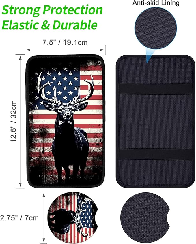 JANENFNA Car Armrest Cover Pads Universal Fashion Cute Auto Center Console Armrest Cover Pad with 2PCS Car Coasters Soft Waterproof Car Armrest Seat Protector for Women,Patriotic Deer Design