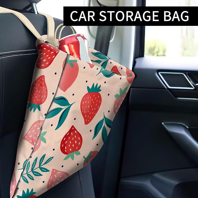ABUIFDK Car Trash Can, Cute Hanging Organizer and Storage Bag, Trash Bin for Vehicle, Travelling, Camping - Pink Strawberry