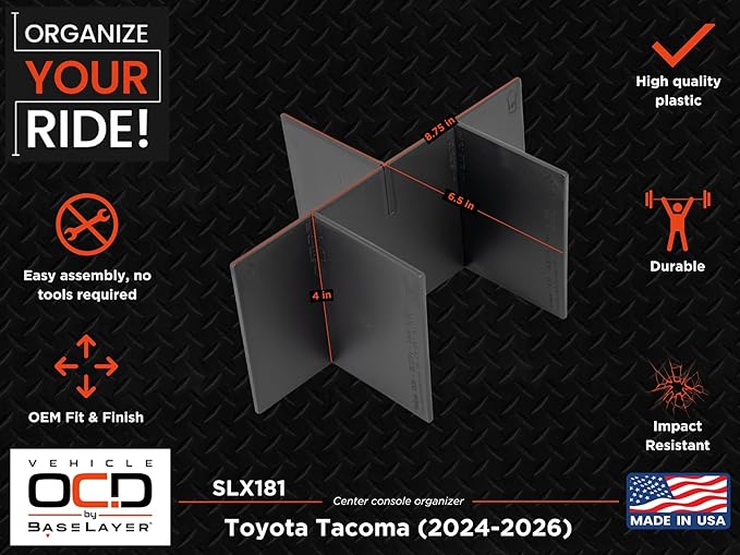 Vehicle OCD – Center Console Divider, Tray, and Glove Box Organizer for Toyota Tacoma (2024-2026) – Made in USA - (NOT for Tacoma i-FORCE MAX hybrid) - SLX514