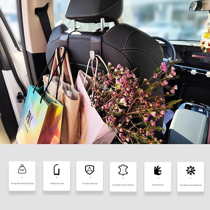 Gluebar Car Purse Hook, Car Seat Leather Hooks for Headrest, Hanger Storage Organizer for Purse and Bags,Multifunctional Car Seat Backrest Storage Accessories(Black-2 Pack)