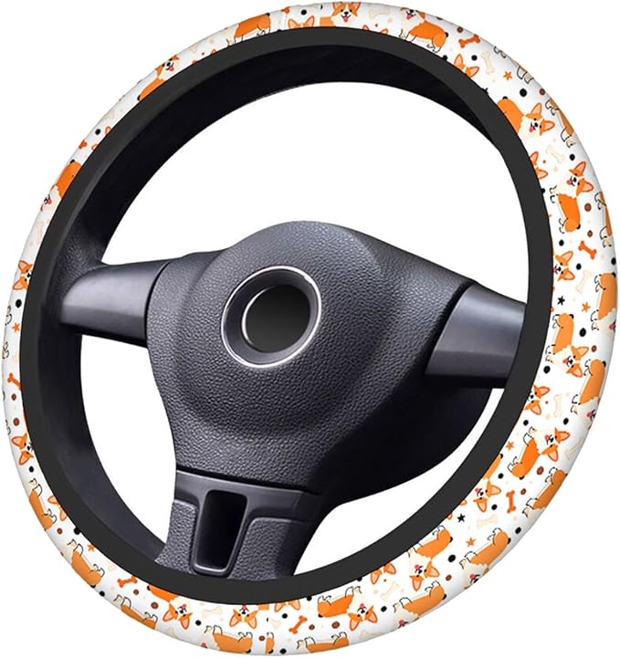Swono Cute Dog Car Steering Wheel Cover Cartoon Dog Breed Welsh Corgi On A White Safe Driving Anti-Slip Steering Wheel Covers Steering Wheel Protection No Smell Universal 15 Inch