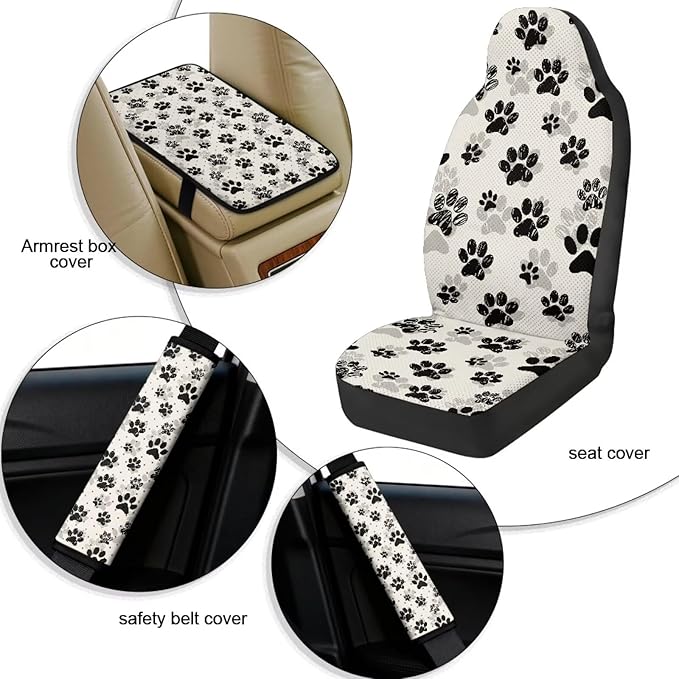 Qeluxign Paw Print Auto Seat Covers with Car Center Console Cover, Belt Cover PU Leather Breathable Full Set Bucket Seat Covers, Pack of 5, Universal Fit for Sedan,SUV