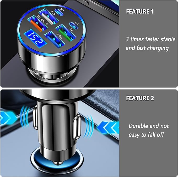 6 Ports Fast Car Charger with Voltage Monitor,Car Cigarette Lighter USB Charger (PD+QC3.0) Compatible with iphone13/14/15 & Most Android Models,Car Must Haves USB C Car Charger (2PCS)
