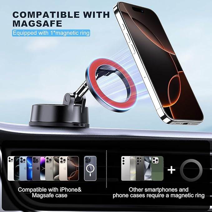 MOKPR Car Phone Holder for Magsafe, Vacuum Magnetic Car Phone Mount Foldable Hands-Free Suction Cup Phone Holders for Your Car for iPhone 16 Pro/Pro Max 15 14 13 12