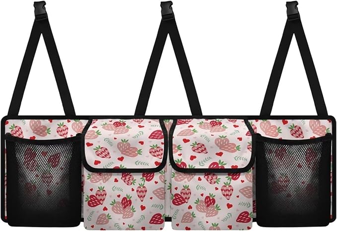 Dreaweet Strawberry Print Car Trunk Organizer for Sedan Collapsible Car Organizers and Storage with 4 Pockets Hanging Back Seat Organizer Cute Car Storage Accessories Interior for Women