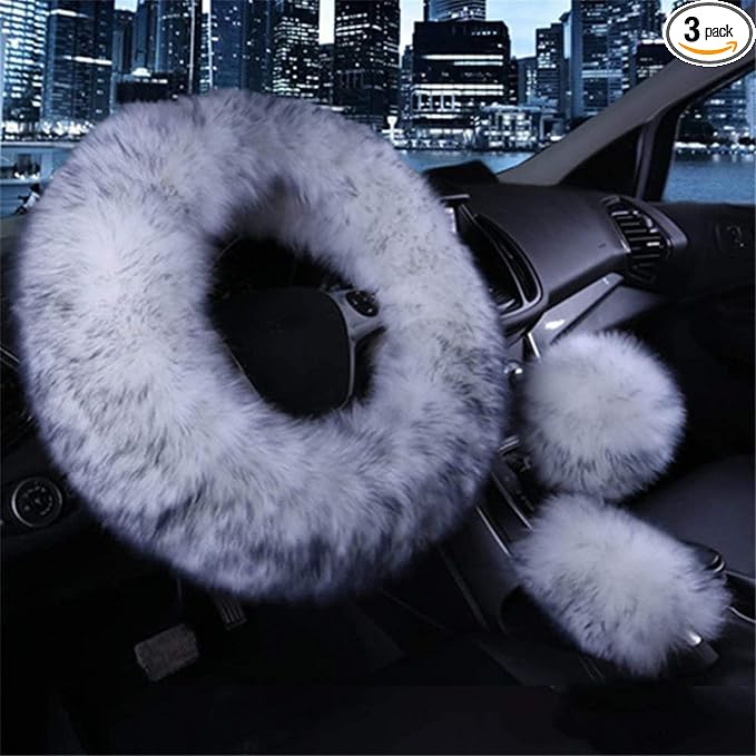 3 Pcs Car Steering Wheel Cover & Handbrake Cover & Gear Shift Cover Set Faux Wool Warm Winter (White&Gray)