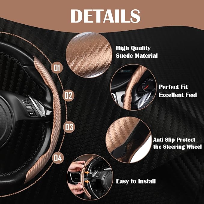 CAR PASS Carbon Fiber Steering Wheel Cover, Segmented Wheel Protector Non-Slip Sporty Car Accessories, Universal Fit for D-Shape O-Shape 14.5" to 16" Steering Wheels for Men Women, 2pcs Brown Carbon
