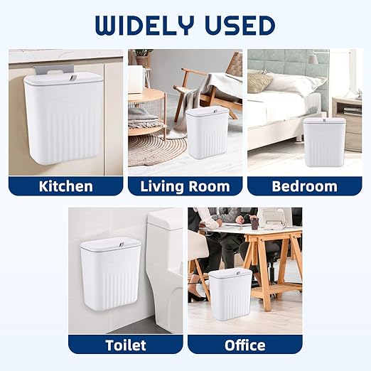 3 Pack Hanging Trash Can with Lid, Kitchen Compost Bin for Counter Top or Under Sink, Waste Basket Wall Mounted Garbage Can for Cupboard/Bathroom/Bedroom/Office/Camping (White)