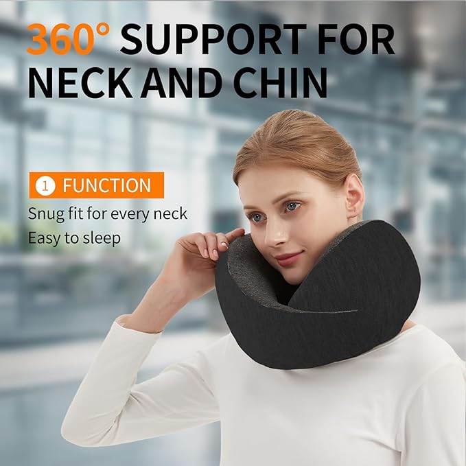 Ziixmile Travel Neck Pillow for Airplane – Memory Foam 360° Support Compact Design Ergonomic Flight Pillow for Sleeping & Neck Support Portable Travel Pillows for Adults, Car, Office Home (Black)