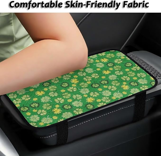 Bulopur St. Patrick's Clover Arm Rest Cover Car Flannel Center Console Cover Easy to Install Car Decor Accessories Auto Armrest Console Cover for Most Vehicle, SUV, Truck, Car
