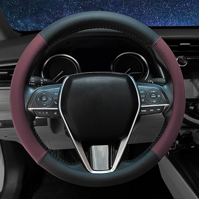 Mihecor Steering Wheel Cover Standard Size 14.5-15 inch, Non-Slip Car Wheel Cover Protector, Breathable Microfiber Leather, Black and Burgundy