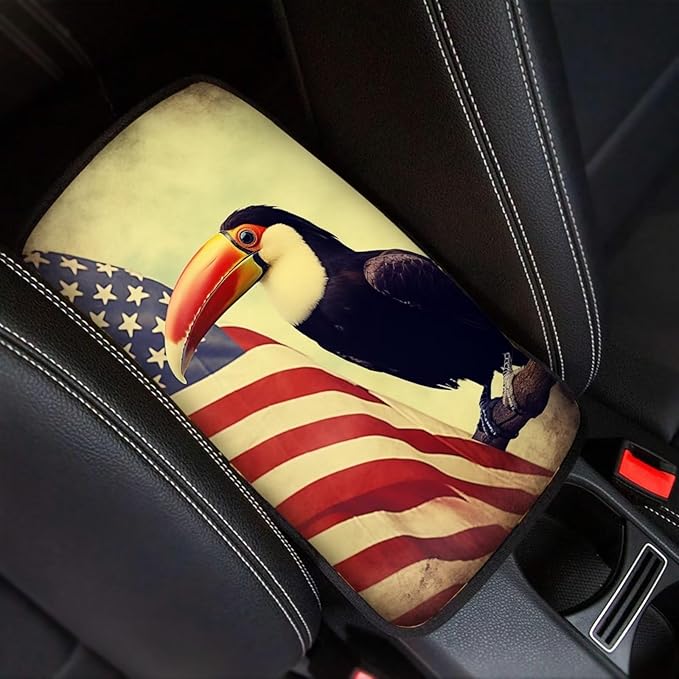 Car Center Console Pad, Universal Waterproof Car Armrest Seat Box Cover, Car Interior Accessories for Most Vehicle SUV Truck Vintage American Flag Toucan Car Armrest Pad