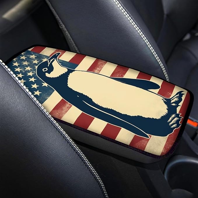 Car Center Console Pad, Universal Waterproof Car Armrest Seat Box Cover, Car Interior Accessories for Most Vehicle SUV Truck Vintage American Flag Penguin Car Armrest Pad