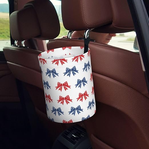 Patriotic Bow Car Trash Can Leak-Proof Waterproof Hanging Trash Bin Collapsible Garbage Can for Car Accessories Travelling Camping
