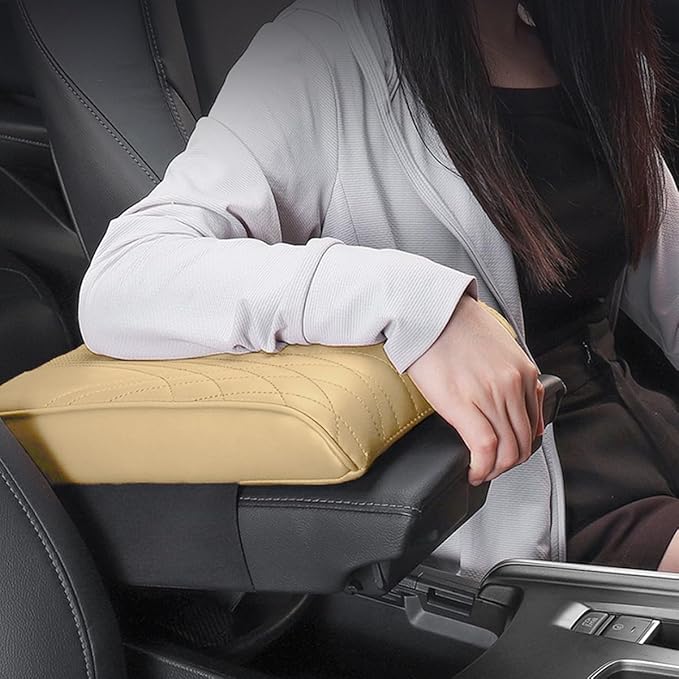 BODLYL Car Center Console Cover, Memory Foam Car Armrest Cover, Beige Arm Rest Covering Car, Middle Organizer Elbow Pillow, Leather armrest Cover for Car/SUV/Truck/Auto (No.2 Beige)