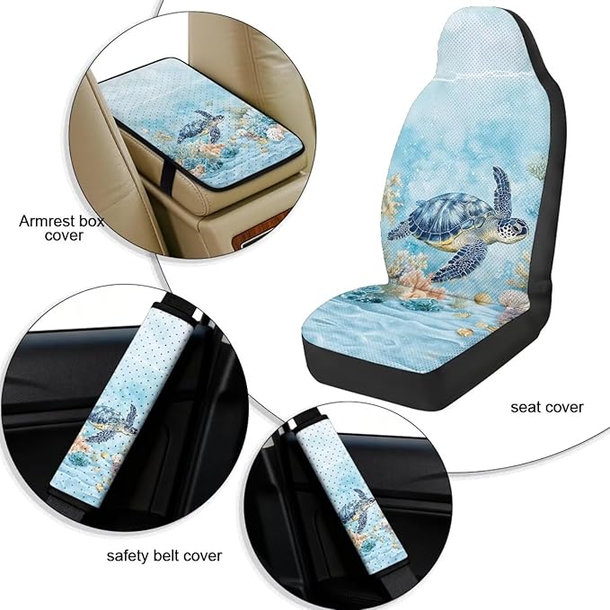 Qeluxign 5 Pieces Car Seat Cover Full Set,Sea Turtle Ocean Coral Seat Covers Car Seatbelt Pads Vehicle Center Console Armrest Cover Pad for Truck SUV Sedan Automotive Interior Decor Accessorie