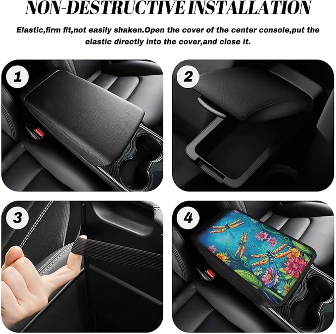Dreaweet Car Center Console Cover with Pockets Dragonfly Print Car Arm Rest Cover Pad Universal Armrest Cover for Car Truck SUV Van