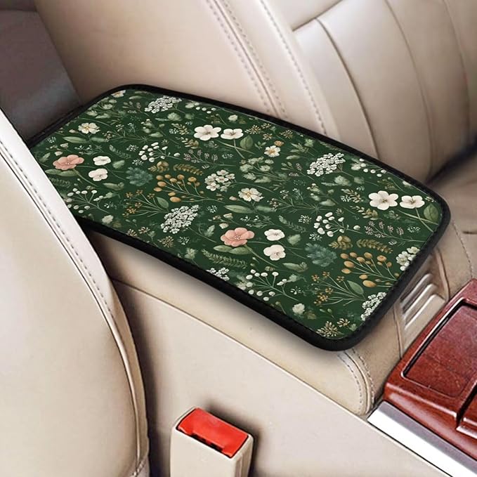Green Floral Print Car Armrest Cushion Cute Flower Leaf Middle Console Lid Cover Pad Protector Scratch Resistant Arm Rest Seat Box Covers