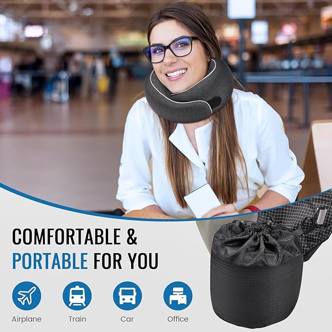 4litamz Travel Neck Pillows, 100% Memory Foam Filling, Travel Pillows for Airplanes, Compact and Ergonomic Design, Best for Sleeping Plane Train Travel Essentials (Light Black)