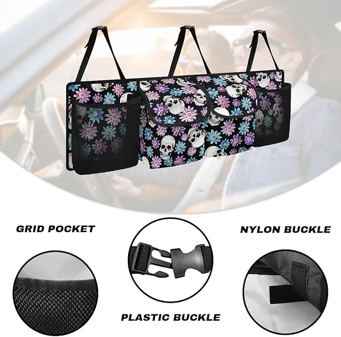 Trunk Hanging Organizer, Backseat Bag, Car Interior Accessories Decoration with Pocket for Groceries, Provide Storage Space for SUV, Jeep, MPVs,Black Skull Floral Punk
