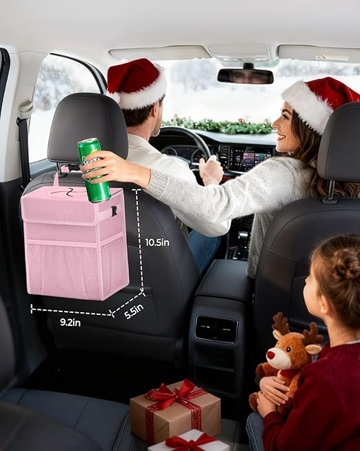 HORJONES Corduroy Car Trash Can with Lid and Mesh Pockets - Leakproof Organizer,Multipurpose Waterproof Garbage Can/Trash Bin for Car(Light Pink-2 Gallons)