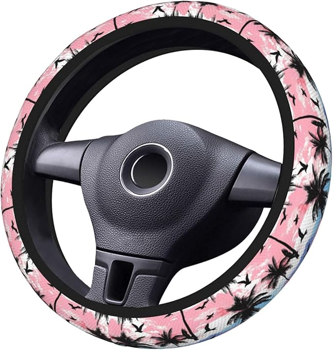 Black Palm Trees Birds Steering Wheel Cover for Women Men Girls, Car Accessories Decor Thickened Anti-Slip Auto Steering Wheel Covers Protector Universal Fit 15 Inch for Cars, Truck, SUV