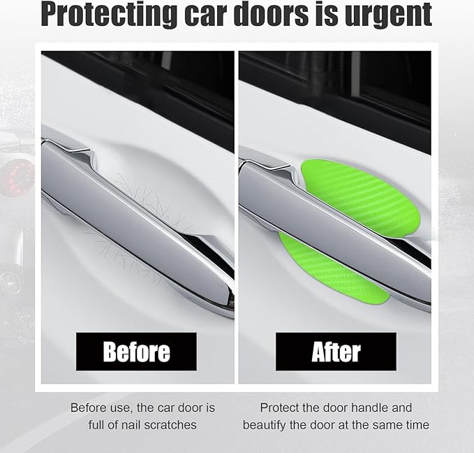 Kewucn 4PCS Car Door Handle Sticker, Carbon Fiber Auto Door Side Handle Protective Films, Anti-Scratch Vehicle Door Cup Protector, Universal Exterior Accessories for Most Cars (Green)