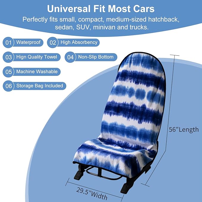 Car Seat Towel Covers with Storage Bag, Waterproof Sweatproof Towel Seat Cover Universal Front Seat Covers Washable Non-Slip Seat Protector for Gym(Blue & White - Stripe, 1Pcs Front Seat Cover)
