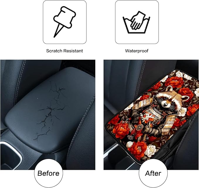 JANENFNA Car Armrest Cover Pads Universal Fashion Cute Auto Center Console Armrest Cover Pad with 2PCS Car Coasters Soft Waterproof Car Armrest Seat Protector for Women,Raccoon Warrior