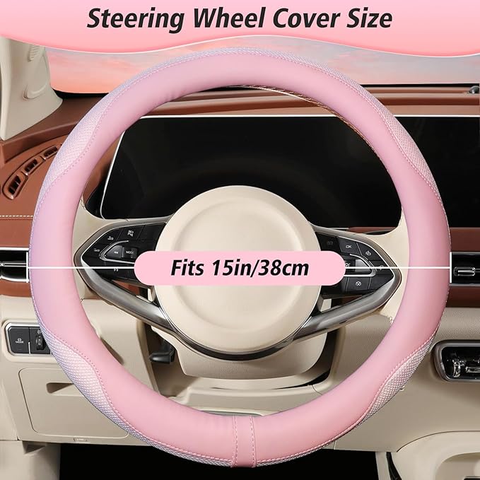 ZHOL Light Pink Steering Wheel Cover, Breathable Microfiber Leather Anti-Slip Cute Car Steering Wheel Cover for Women, Warm in Winter and Cool in Summer, 15 Inch