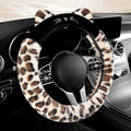 Dotesy 3D Ear Furry Cheetah Car Steering Wheel Cover Set Fluffy Faux Wool Steering Wheel Protector Leopard Anti-Slip Soft Warm Car Accessories for Women (White Khaki)
