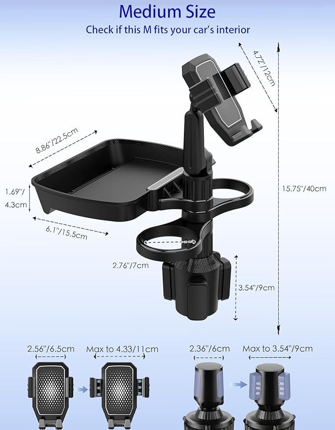 Car Cup Holder Tray - 4 in 1 Adjustable Car Cup Holder Expander with Food Tray Table and Phone Mount 360° Swivel for All Purpose, Automotive Essentials for Driver and Front Passenger