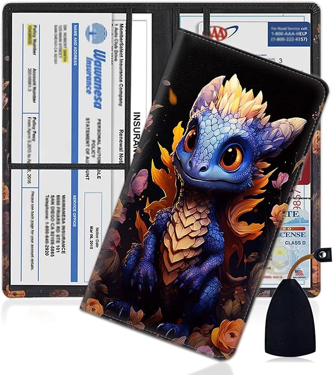 Yuxcfhjfe Car Registration and Insurance Holder, PU Leather Auto Document Holder for Men&Women, Vehicle Glove Box Compartment Organizer with Magnetic Shut for Driver's License, Baby Dragon Pattern