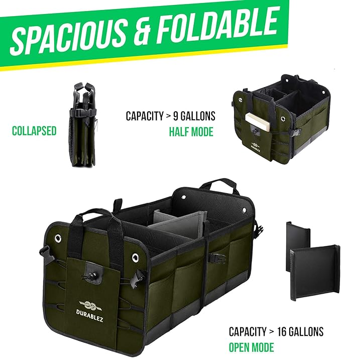 DURABLEZ Heavy Duty Foldable Trunk Organizer 2-Section – Dual-Compartment Car Cargo Box with Non-Slip Pads & Removable Dividers – Green