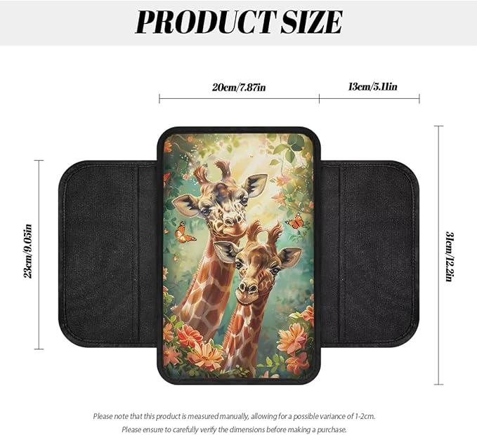 BIGCARJOB Personalized Armrest Cover for Car Center Console,Animal Giraffe Print Car Center Console Cover Automotive Car Armrest Cover Cushion with Side Pockets,Universal for Most Cars