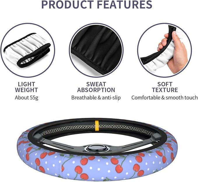 Purple Cherry Steering Wheel Cover for Women Men with 2 Pcs Car Coasters, Universal 14.5-15 Inch Rainbow Steering Wheel Covers Non-Slip Car Accessories for Girls