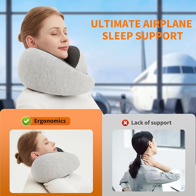 Ziixmile Travel Neck Pillow for Airplane – Memory Foam 360° Support Compact Design Ergonomic Flight Pillow for Sleeping & Neck Support Portable Travel Pillows for Adults, Car, Office Home (Grey)