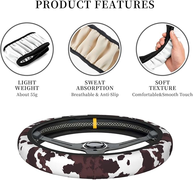 Brown Cow Print Neoprene Steering Wheel Cover for Men Women Anti-Slip Elastic Steering Wheel Protective Cover 15in Universal Car Accessories Fit Cars, SUVs, Auto