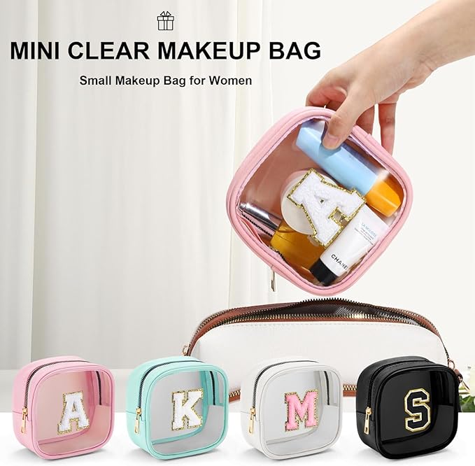 YOOLIFE Initial Make Up Bag Travel Toiletry Bag, Clear Makeup Bag Preppy Cosmetic Bags Organizer Travel Essentials Gifts for Women Teen Girlfriend Teacher Mom Birthday Gifts Mini Blue D