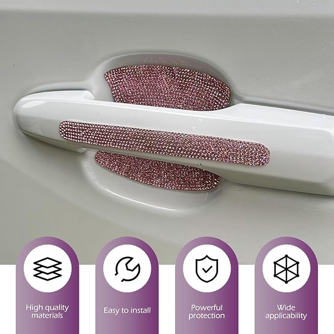 8PCS Bling Car Door Handle Protectors, Shiny Auto Doors Bowl Protective Sticker, Crystal Rhinestone Door Handle Scratch Decals, Auto Vehicle Protector Decor Covers (Pink)