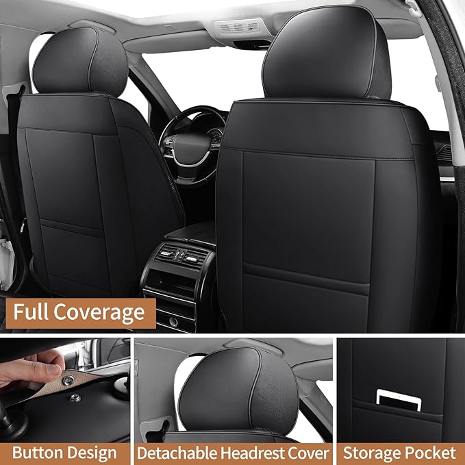 hoozoom Leather Car Seat Covers Full Set Breathable Automotive Seat Covers Waterproof Seat Protectors Universal Fit for Most Automotive Cars SUV Trucks Van (Black, Full Set)